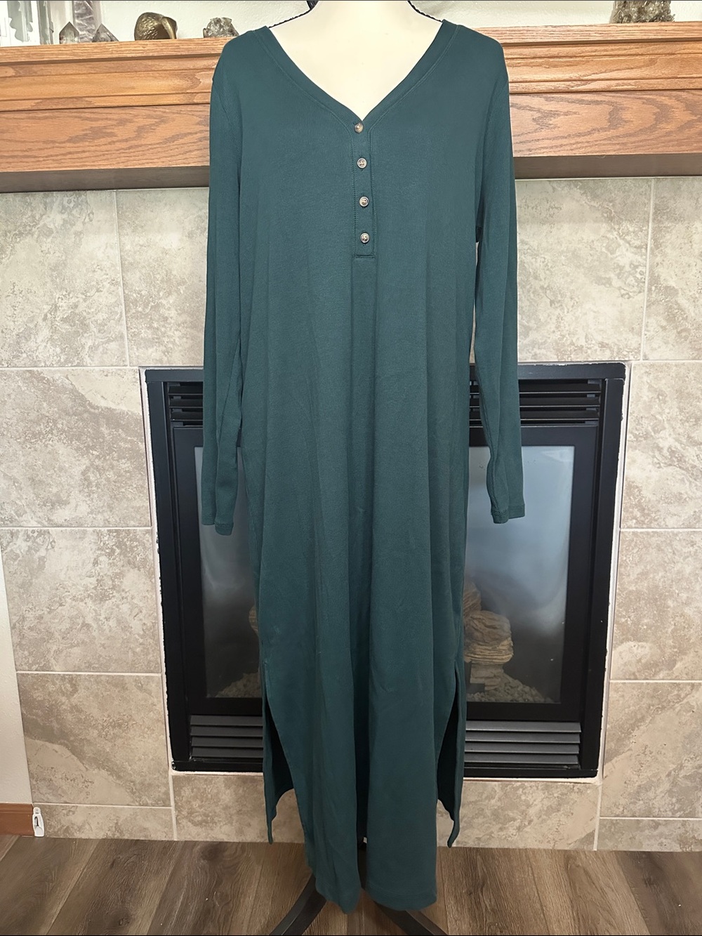 Emerald Green Ribbed Henley Midi Maxi Dress Long Sleeve Old Navy Size 2X